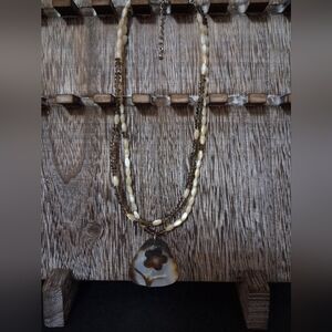 Vintage Mother Of Pearl & Glass Multi Bead Pendant Necklace